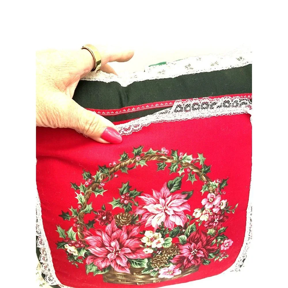 Vintage handmade Christmas throw pillows poinsettias trimmed in lace MCM Retro